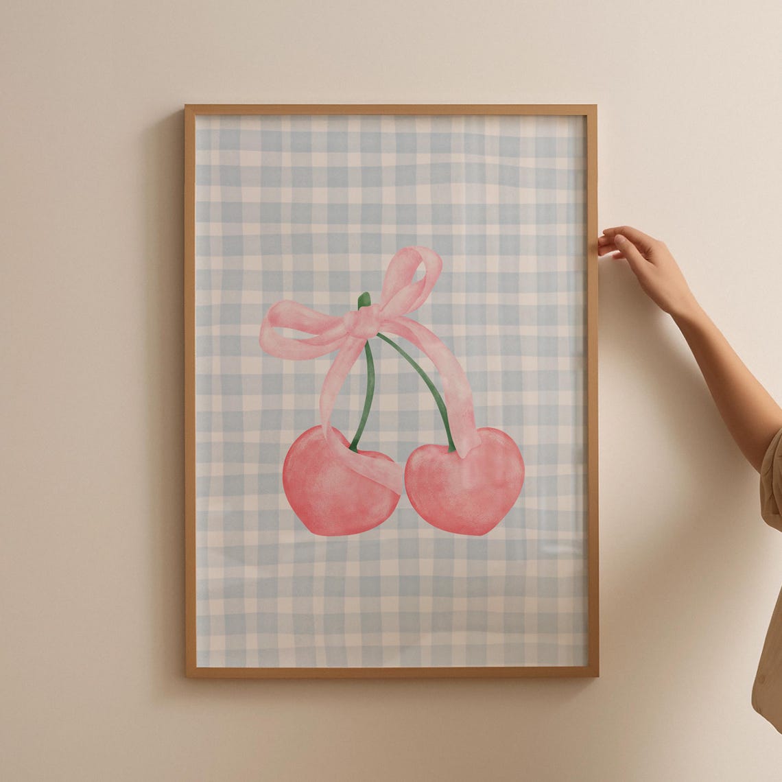 Pink Cherry Bow Blue Gingham Check Coquette Kitchen Art Print - Image 3