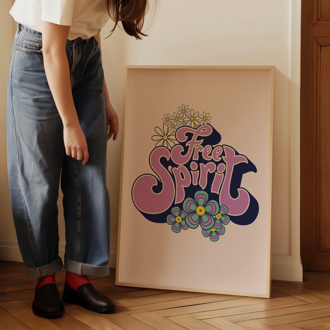 Free Spirit Bold Groovy Purple Lettering Daisy Hippie Art Poster - Image 3