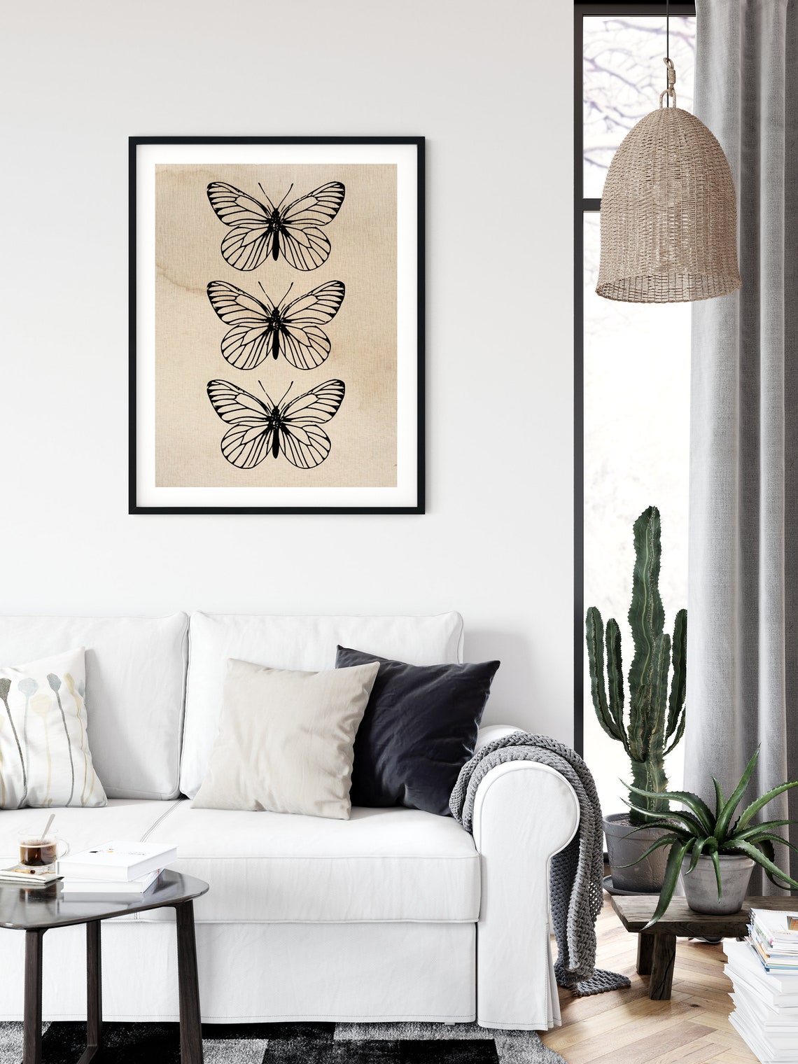 Three Black Butterflies Minimalist Line Art Beige Wall Poster - Image 3