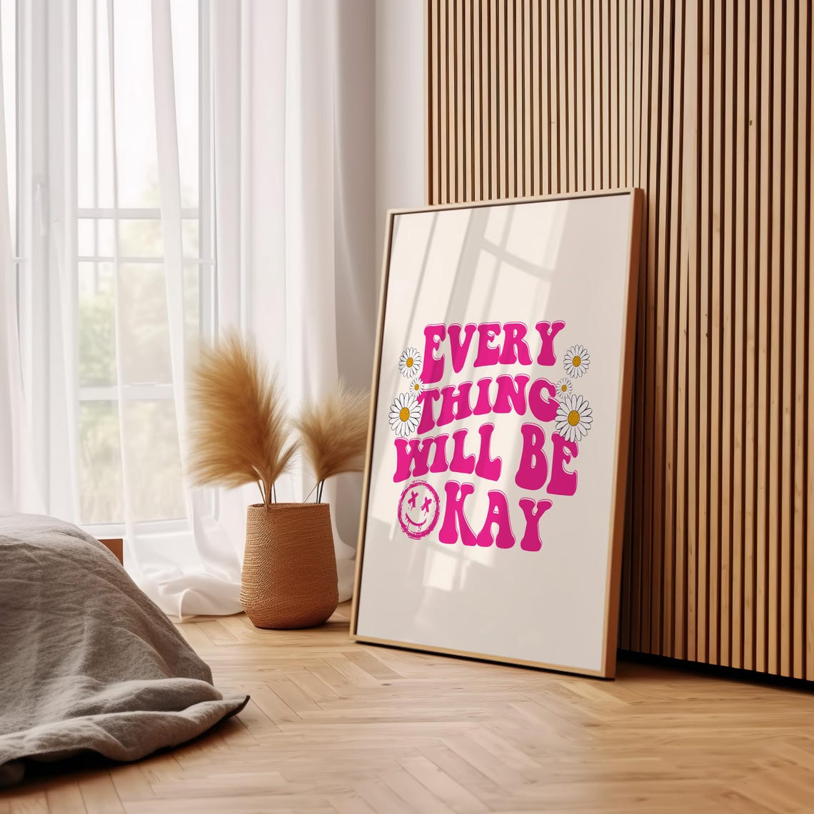 Everything Will Be Okay Cute Pink Retro Daisy Smiley Face Poster - Image 2