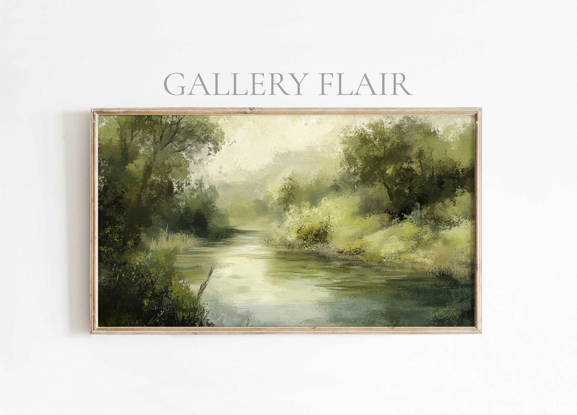 Serene River Green Hills Misty Trees Impressionist Nature Poster