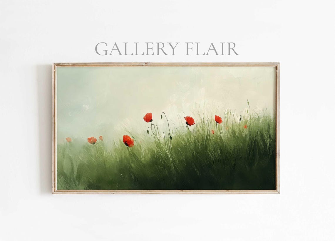 Red Poppies Green Meadow Minimalist Impressionist Spring Wall Art