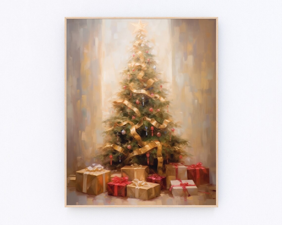 Vintage Christmas Tree Golden Ribbon Gifts Cozy Oil Painting Print