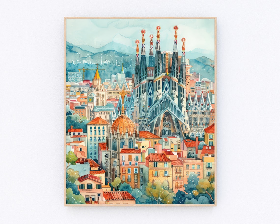 Barcelona Painting La Sagrada Familia Basilica Art Print Barcelona Landscape Poster Europe Print Travel Gift P533