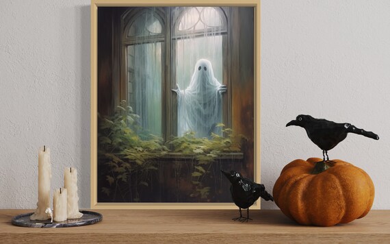 Ghost Peeking Through Rainy Window Ferns Moody Halloween Wall Poster