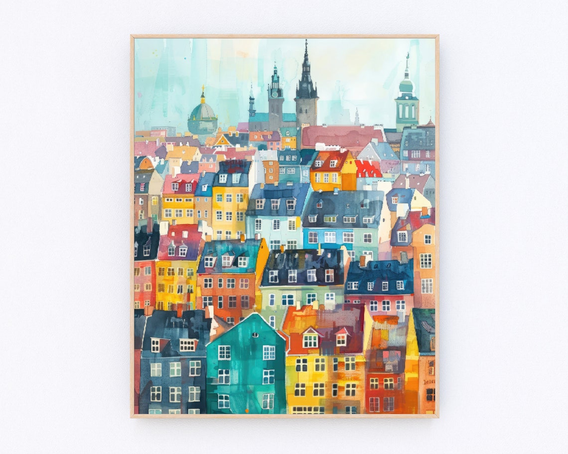 Bergen Scandinavian Watercolor Painting Norway Wall Art Bergen Scandinavian Landscape Poster Europe Poster Travel Gift P523