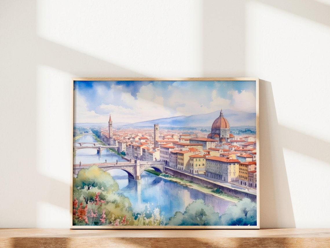 Florence Panorama Watercolor with Cathedral Dome and Arno River Poster - Image 2