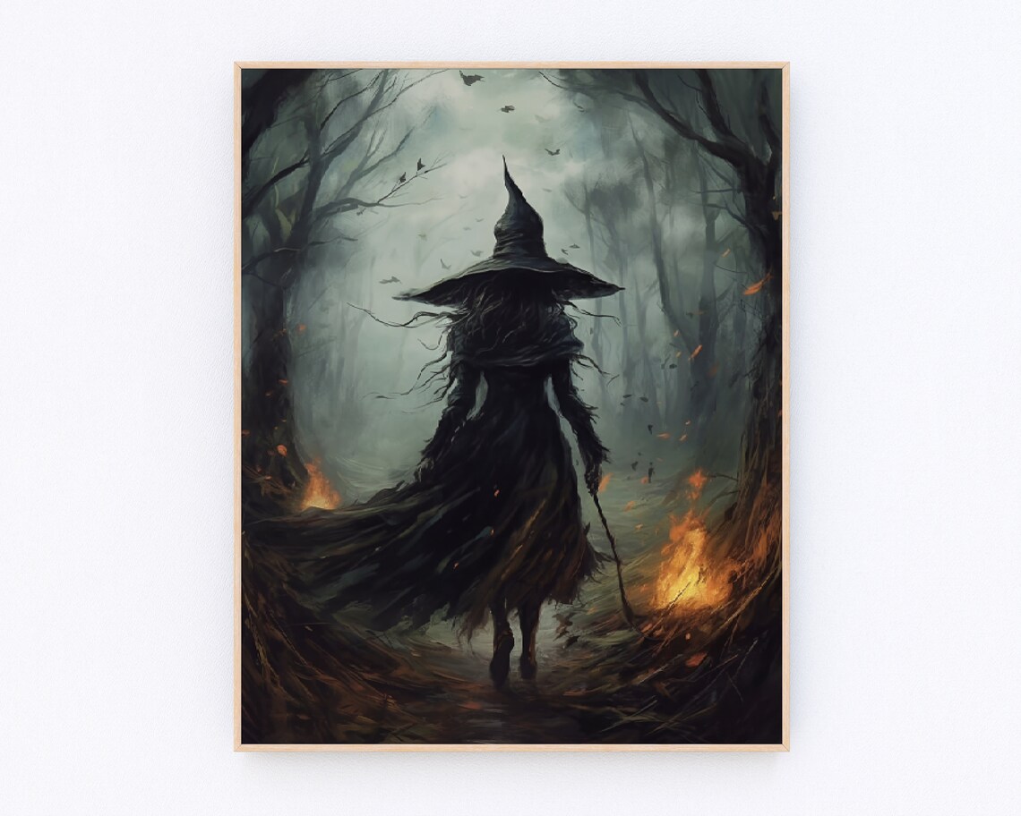 Mystical Witch Walking in the Forest, Vintage Art Print