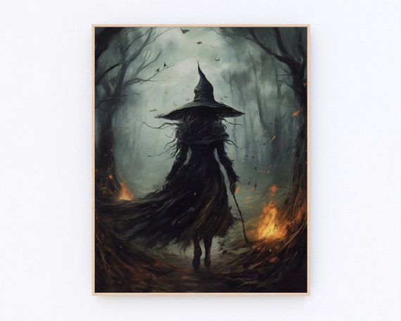 Mystical Witch Walking in the Forest, Vintage Art Print