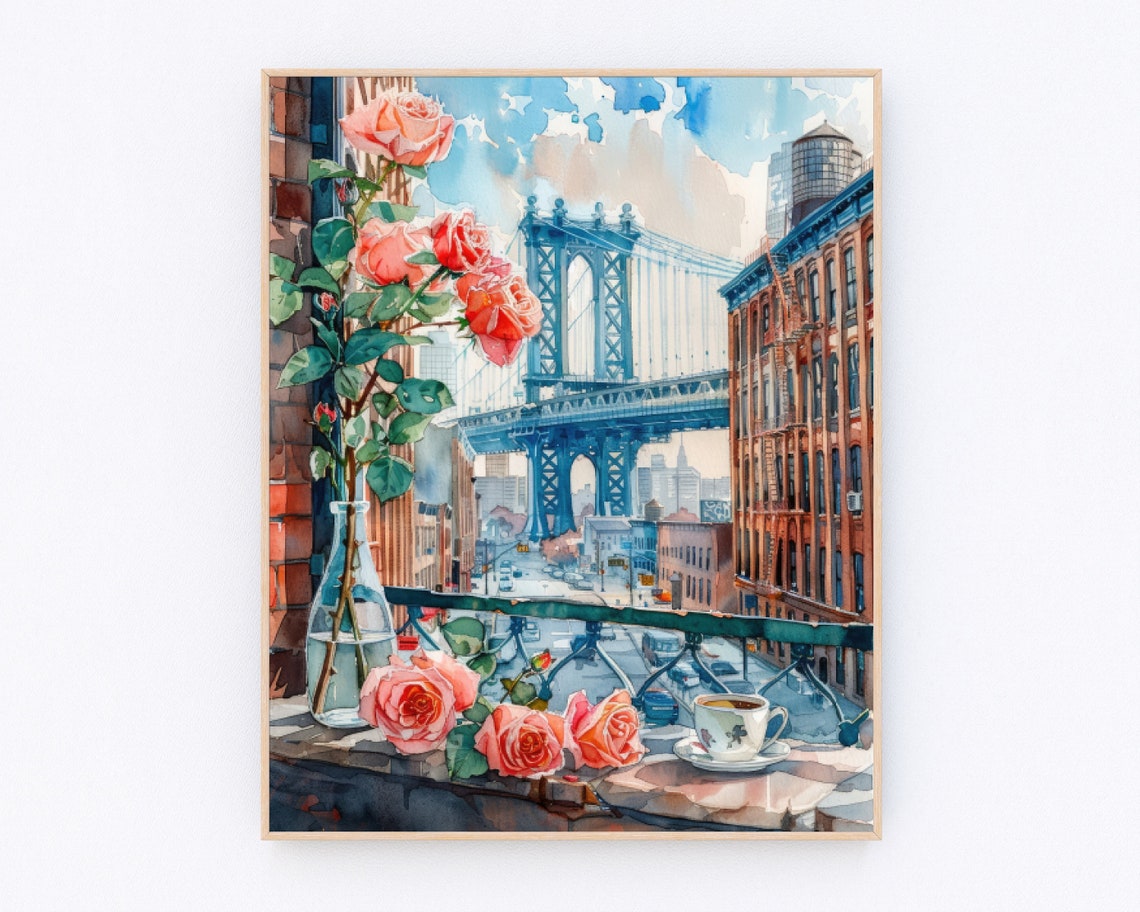 Manhattan Bridge Print New York Painting Brooklyn Watercolor New York Landscape Poster Usa Travel Poster Housewarming Gift P525