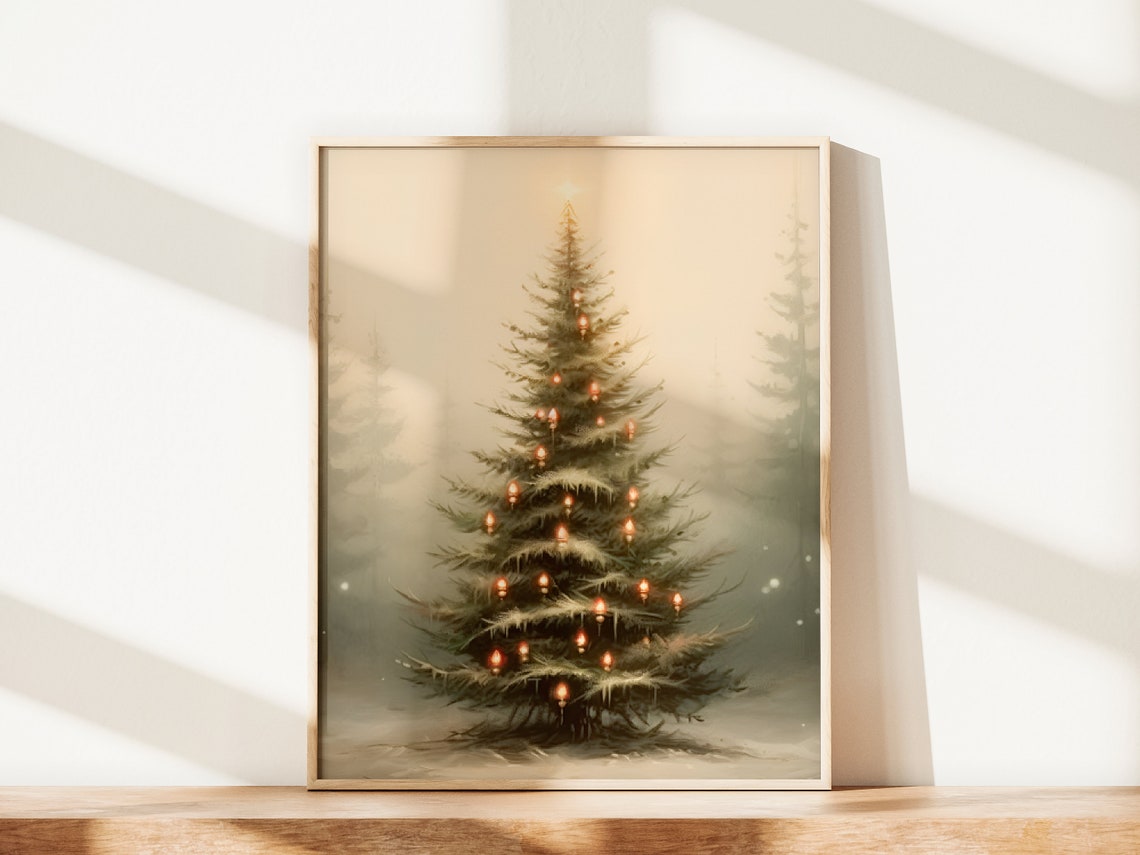 Solitary Christmas Tree with Warm Lights Misty Winter Wall Poster