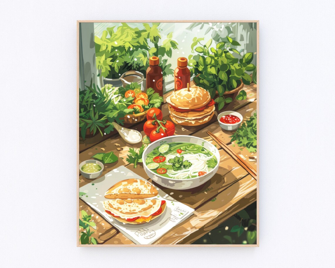 Vietnamese Pho and Banh Mi Street Food Table Illustration Poster