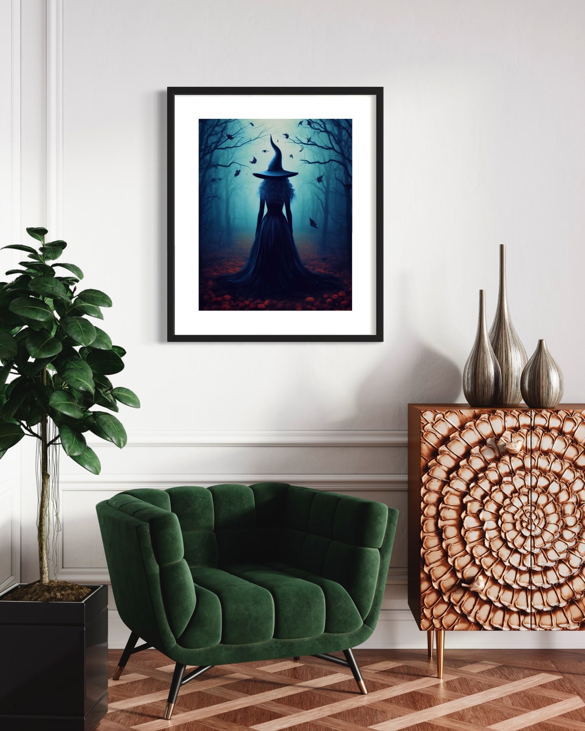 Mystical Witch in Dark Forest Crows Teal Mist Halloween Wall Poster - Image 2