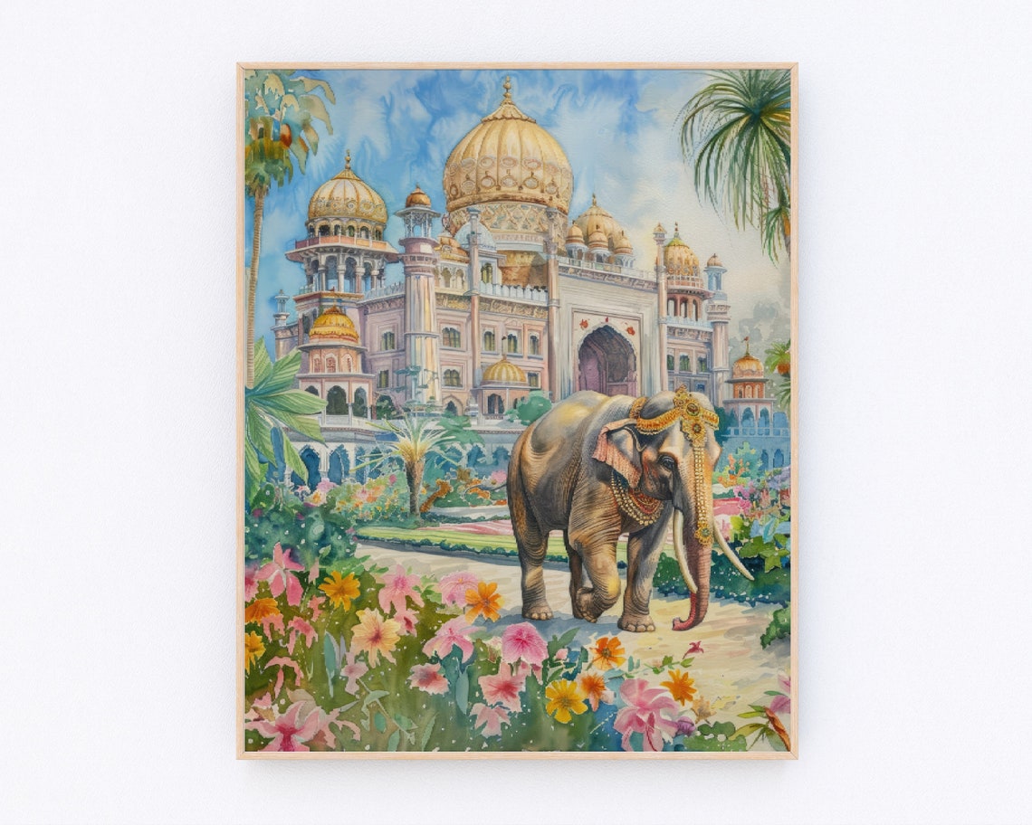 Indian Elephant Adorned with Gold Jewelry Before Palace Poster