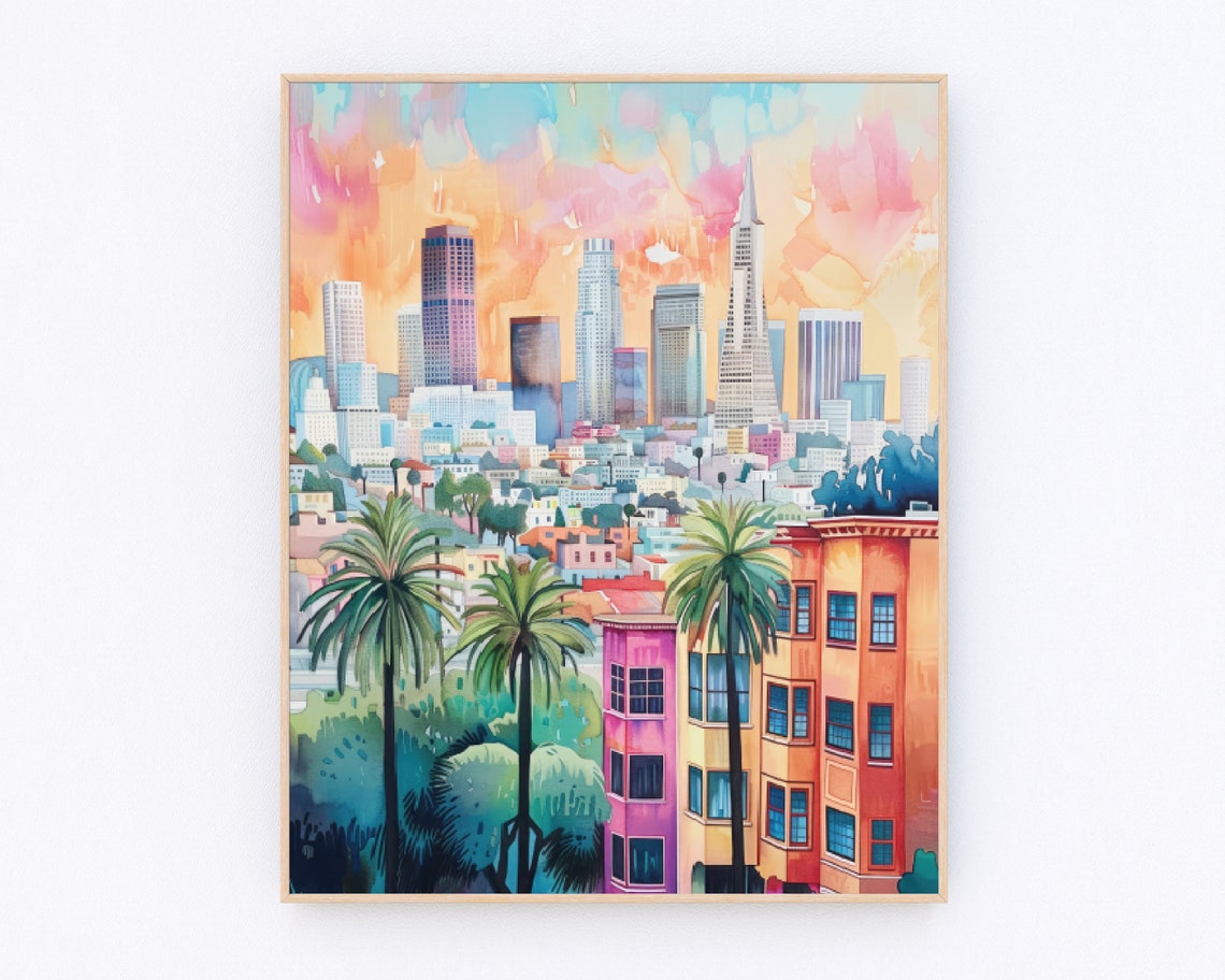 Los Angeles Watercolor Painting Los Angeles Print California Landscape Poster Usa Travel Poster Travel Gift P514