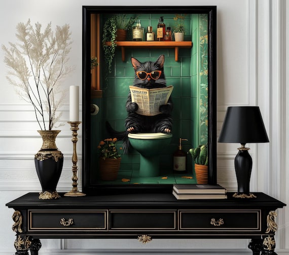 Black Cat Reading Newspaper on Toilet Orange Sunglasses Poster