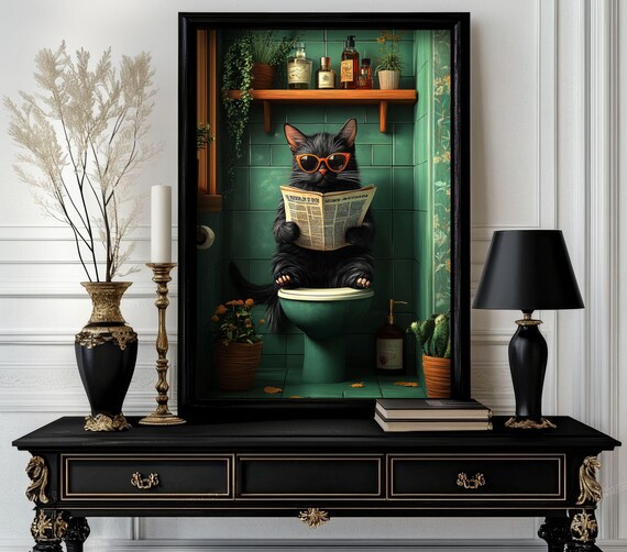 Funny Bathroom Cat Poster Animal On Toilet Wall Art Gag Gift For Guest Quirky Decor White Elephant 65