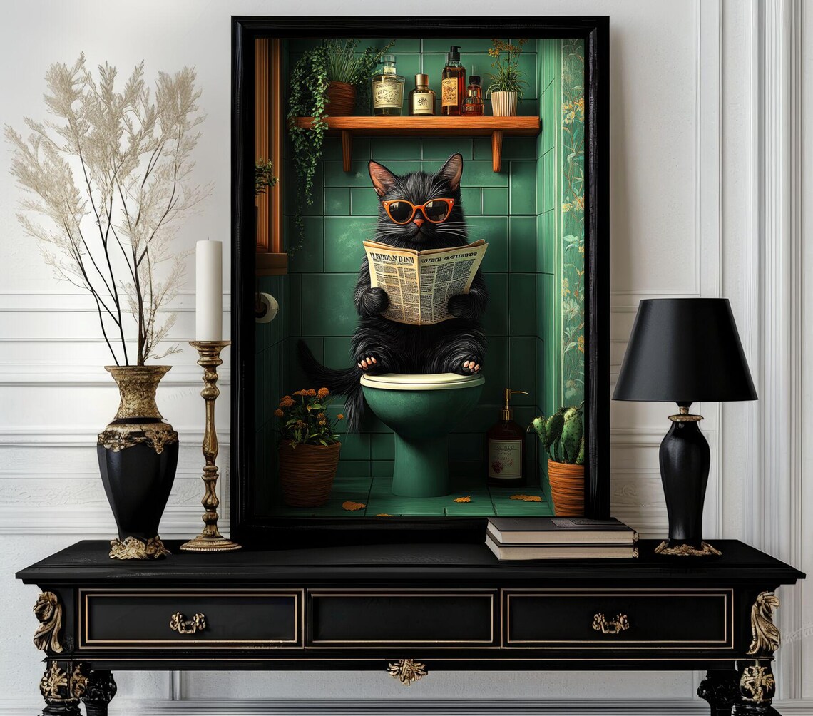 Black Cat Reading Newspaper on Toilet Orange Sunglasses Poster