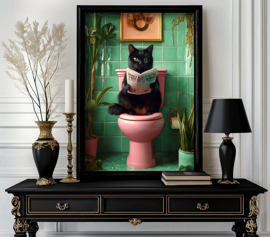 Black Cat Reading Paper On Pink Toilet Emerald Tile Funny Cat Poster