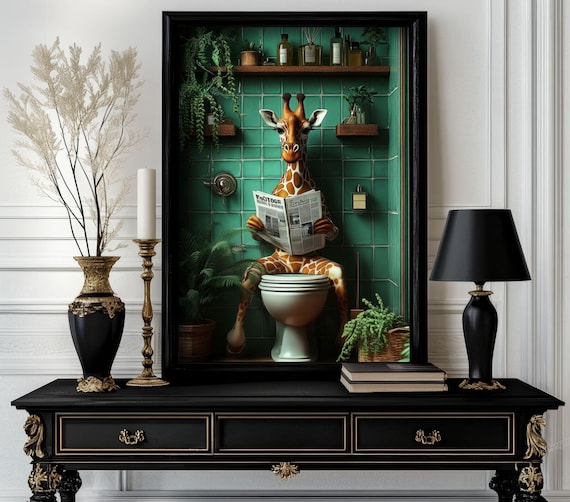Funny Bathroom Giraffe Poster Animal On Toilet Wall Art Gag Gift For Guest Quirky Decor White Elephant 84