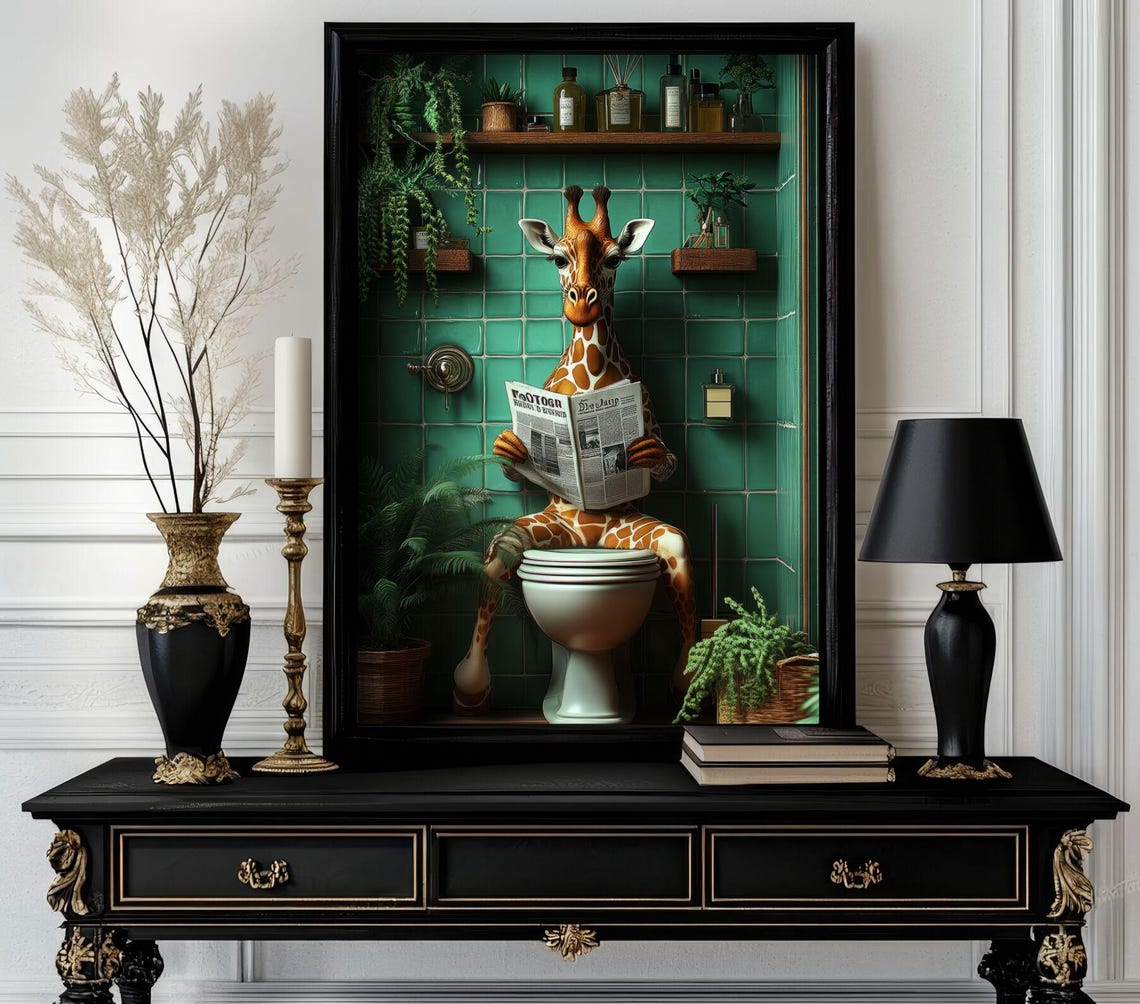 Funny Giraffe Reading Newspaper on a Toilet Bathroom Gag Poster