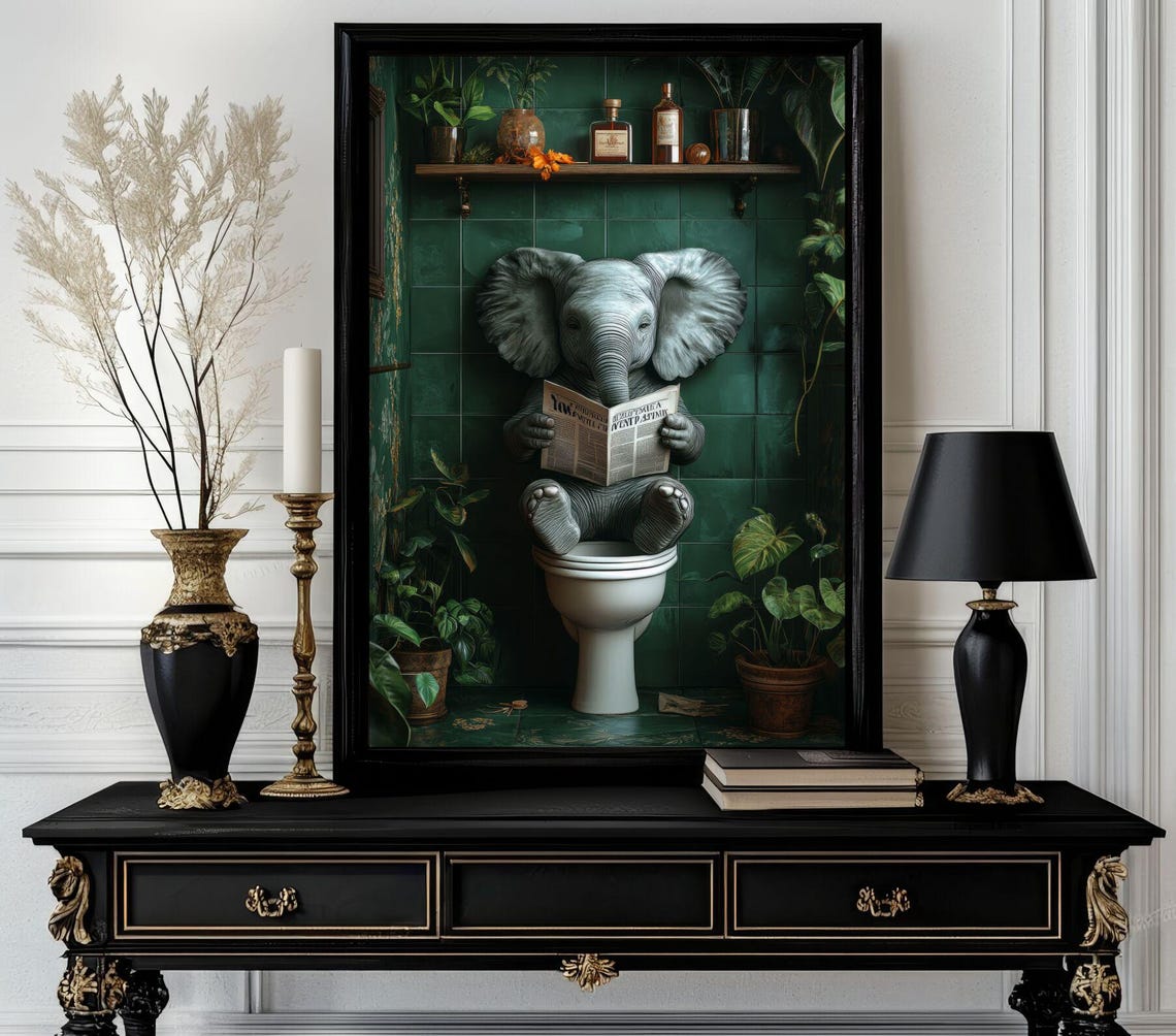 Elephant Sitting on Toilet Reading Paper Cute Bathroom Poster