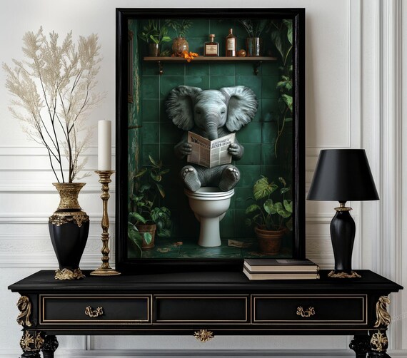 Funny Bathroom Elephant Poster Animal On Toilet Wall Art Gag Gift For Guest Quirky Decor White 222