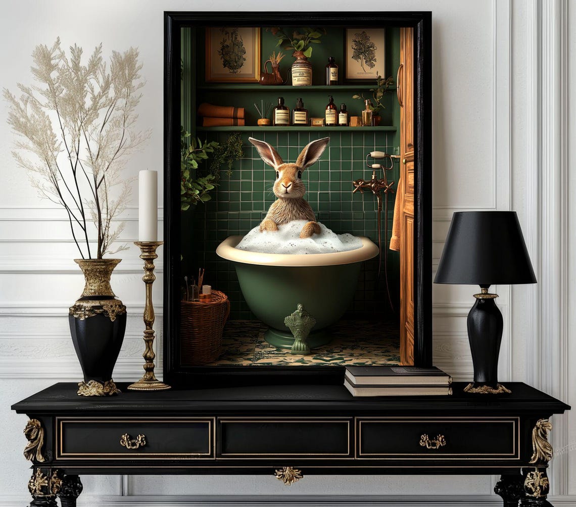 Funny Rabbit Taking a Bubble Bath in a Green Bathroom Poster