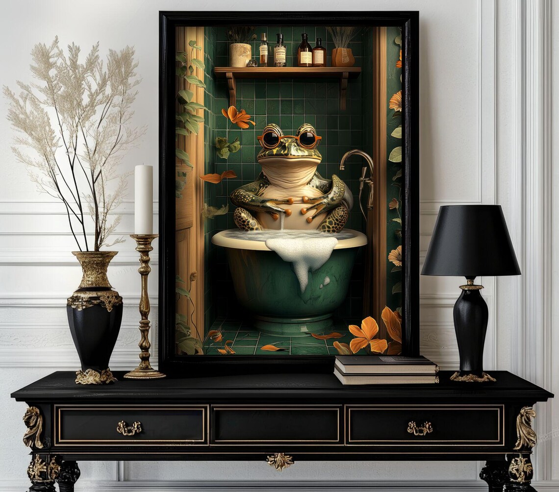 Funny Frog in Sunglasses Enjoying Bubble Bath in Shower Room Poster