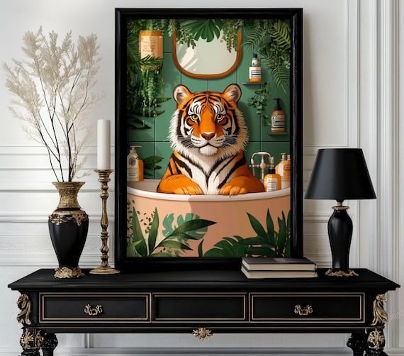 Funny Bathroom Tiger Poster Animal On Toilet Wall Art Gag Gift For Guest Quirky Decor White Elephant 17