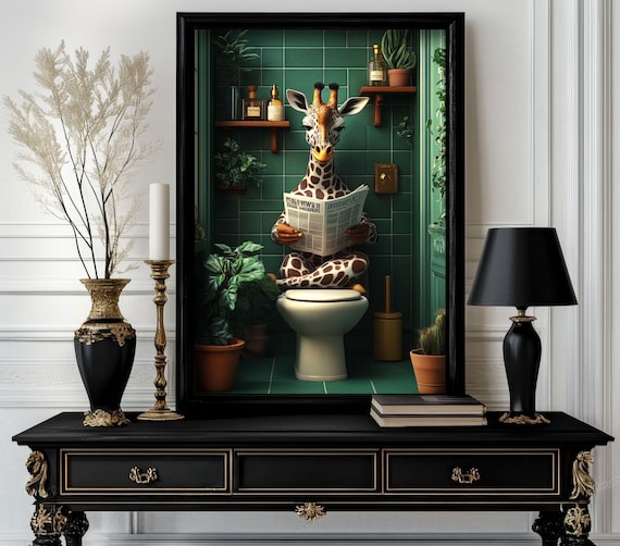 Funny Bathroom Giraffe Poster Animal On Toilet Wall Art Gag Gift For Guest Quirky Decor White Elephant 85