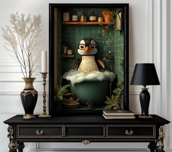 Funny Bathroom Penguin Poster Animal On Toilet Wall Art Gag Gift For Guest Quirky Decor White Elephant 58