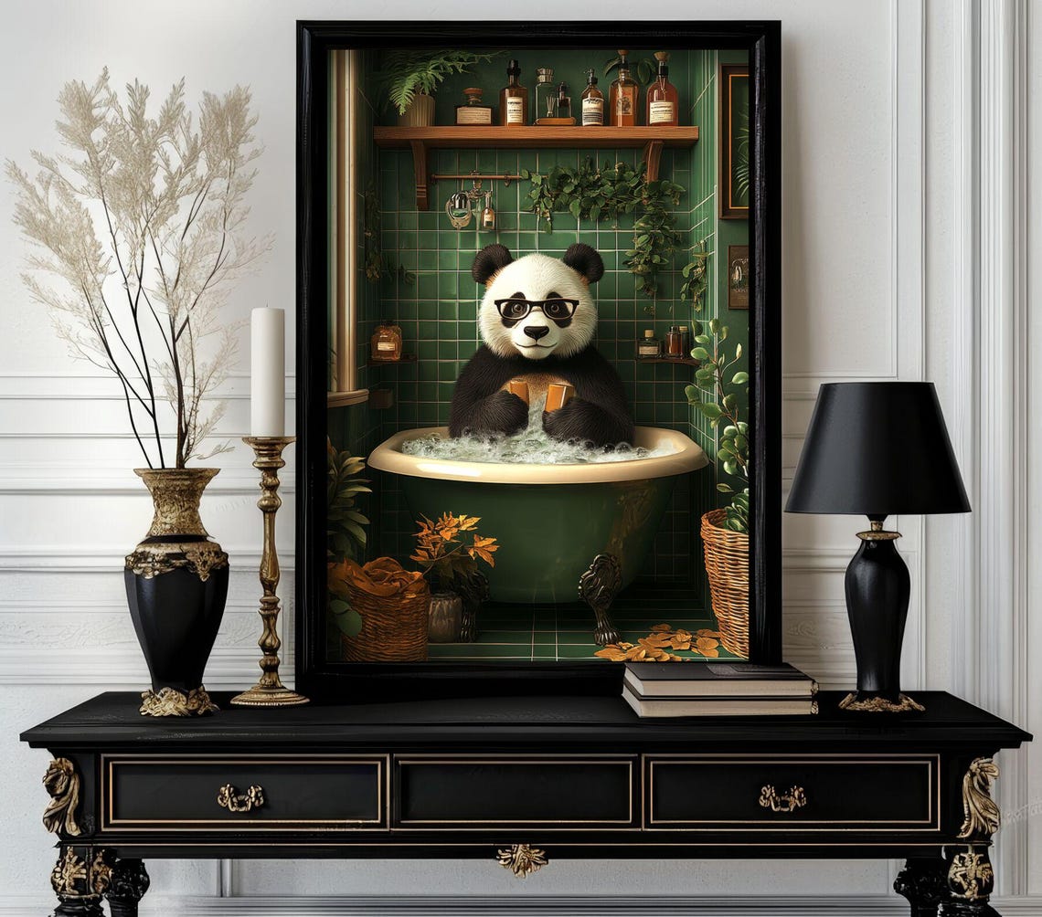 Funny Panda with Glasses Holding a Mug in a Bubble Bath Poster