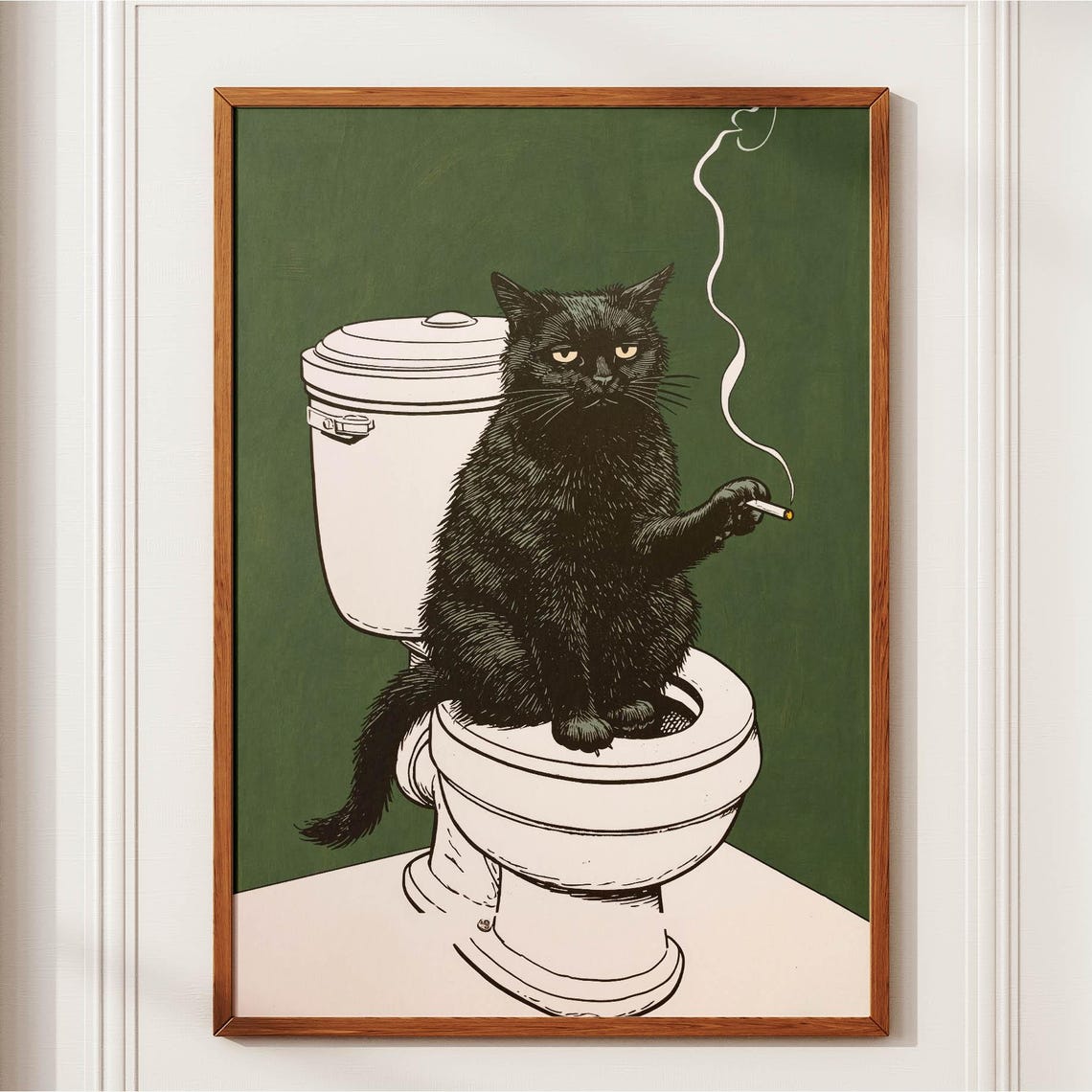 Black Cat Smoking Cigarette on Toilet Funny Vintage Bath Poster