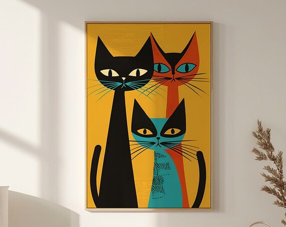 Three Mid Century Modern Cats On Mustard Yellow Vintage Poster