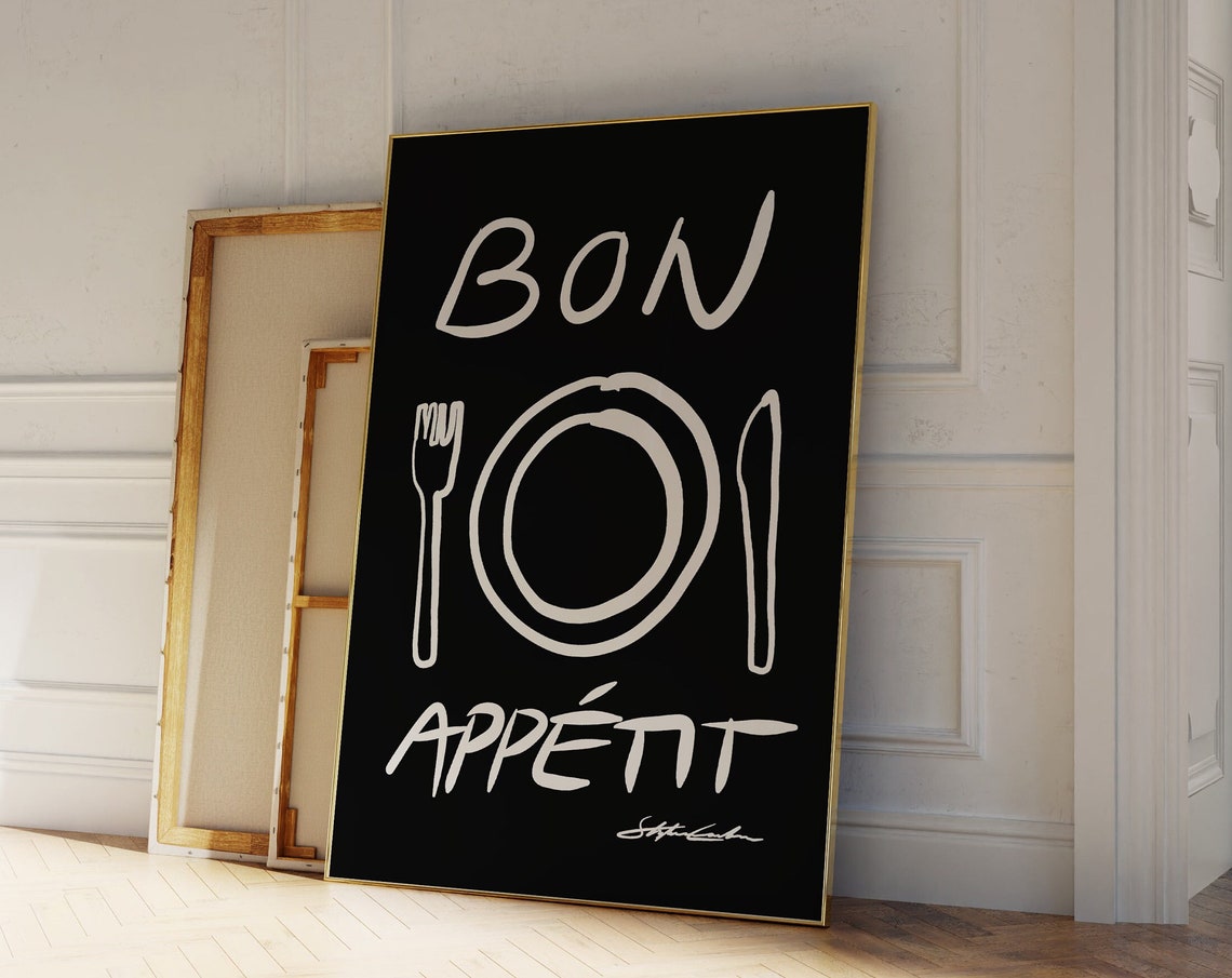 Bon Appetit Bold Black Kitchen Typography French Kitchen Poster