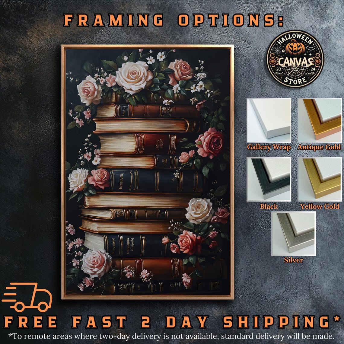 Vintage Book Stack With Pink Roses Dark Library Painting Poster - Image 5