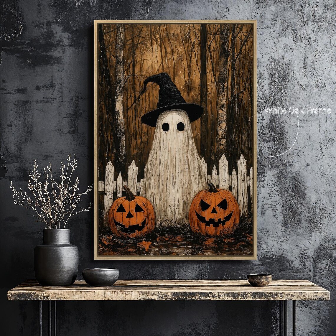Spooky Ghost and Pumpkins, Vintage Autumn Forest Poster - Image 4