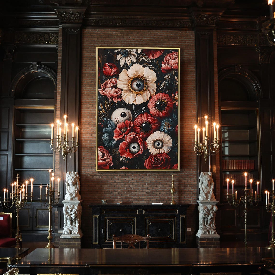 Surreal Red Poppies With Eyeball Centers Gothic Floral Art Poster - Image 2