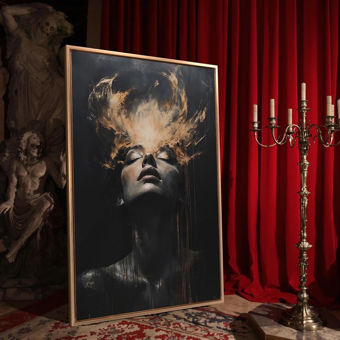 Moody Female Portrait Golden Brushstrokes Dramatic Dark Emotional Art Print