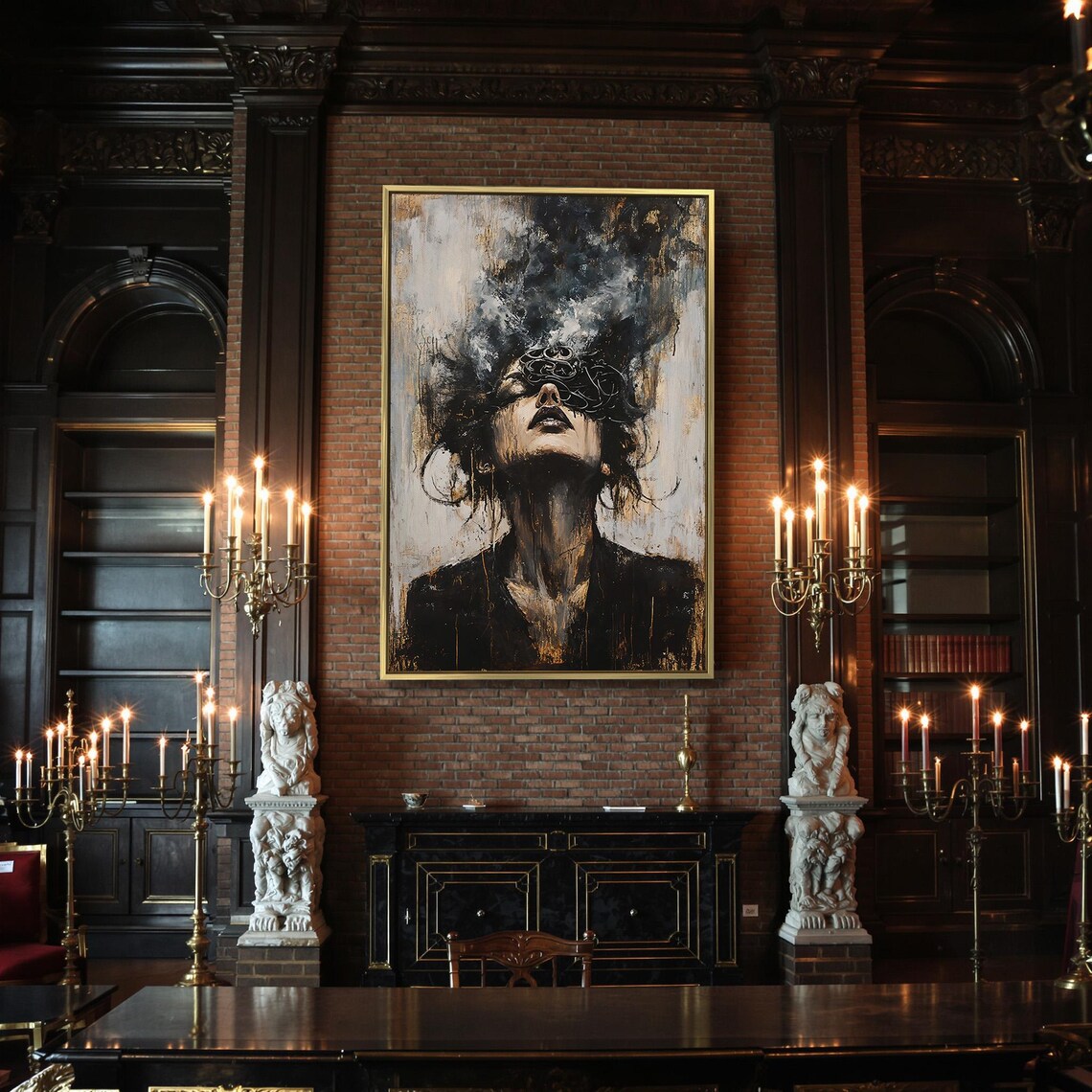 Woman Looking Up With Thorn Crown Smoke Dark Expressionist Portrait Poster - Image 2