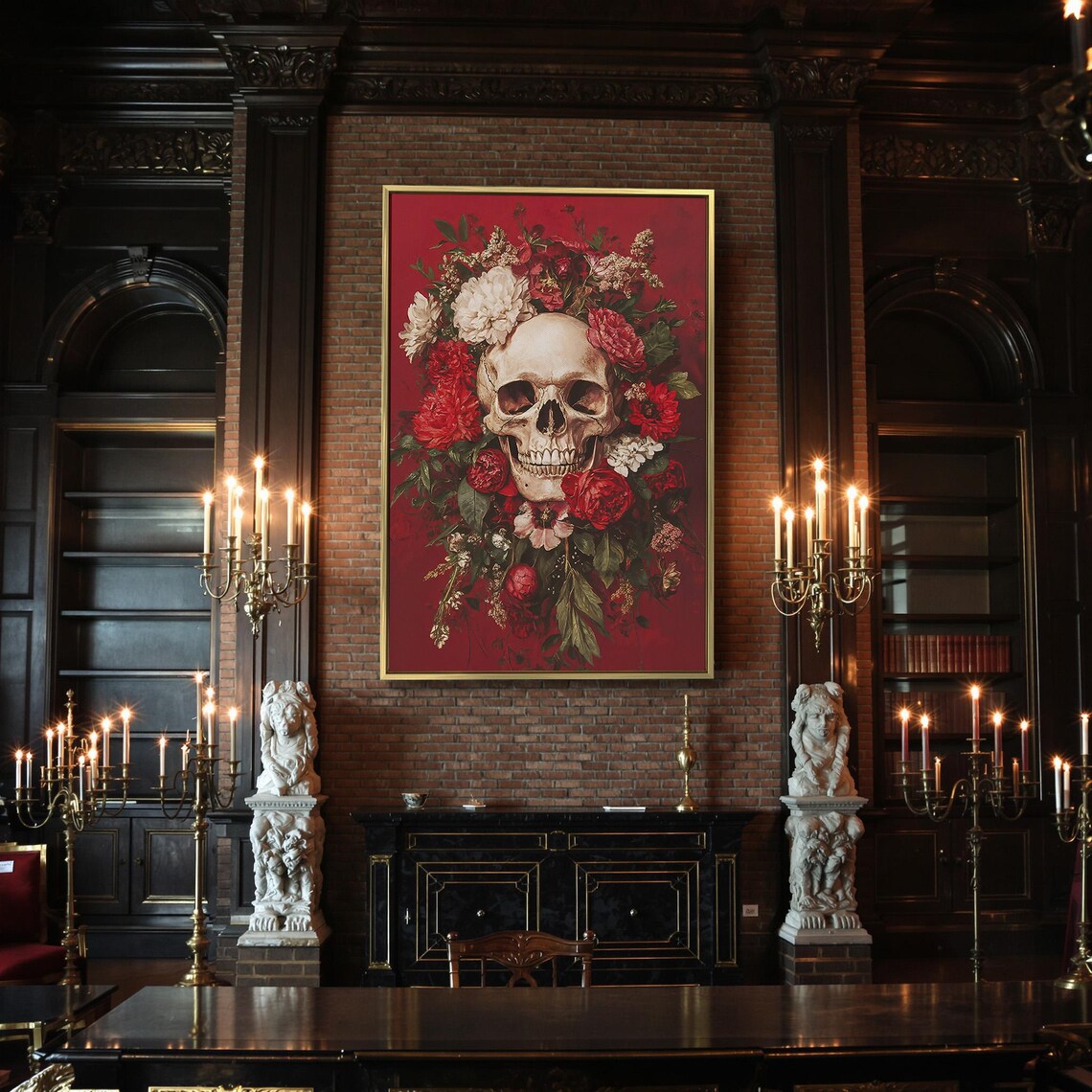 Skull Crowned With Red And White Flowers Deep Red Gothic Floral Dark Poster - Image 2
