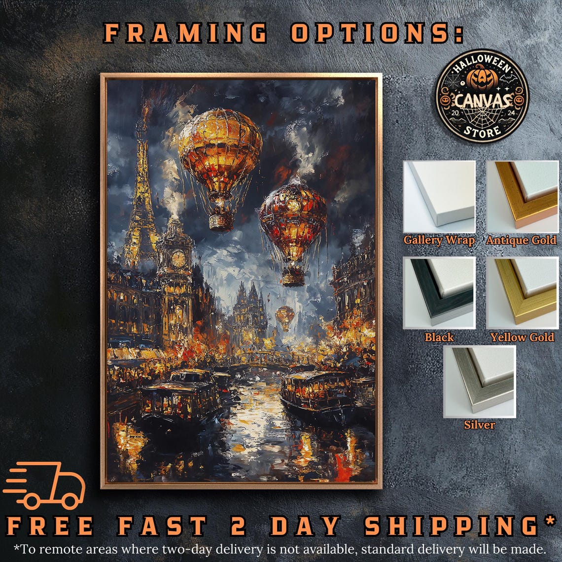 Mystical Night Cityscape Hot Air Balloons River Dark Fantasy Wall Art - Image 5