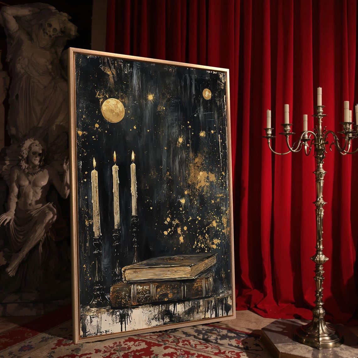 Antique Books With Lit Candles Black And Gold Dark Academic Poster - Image 4