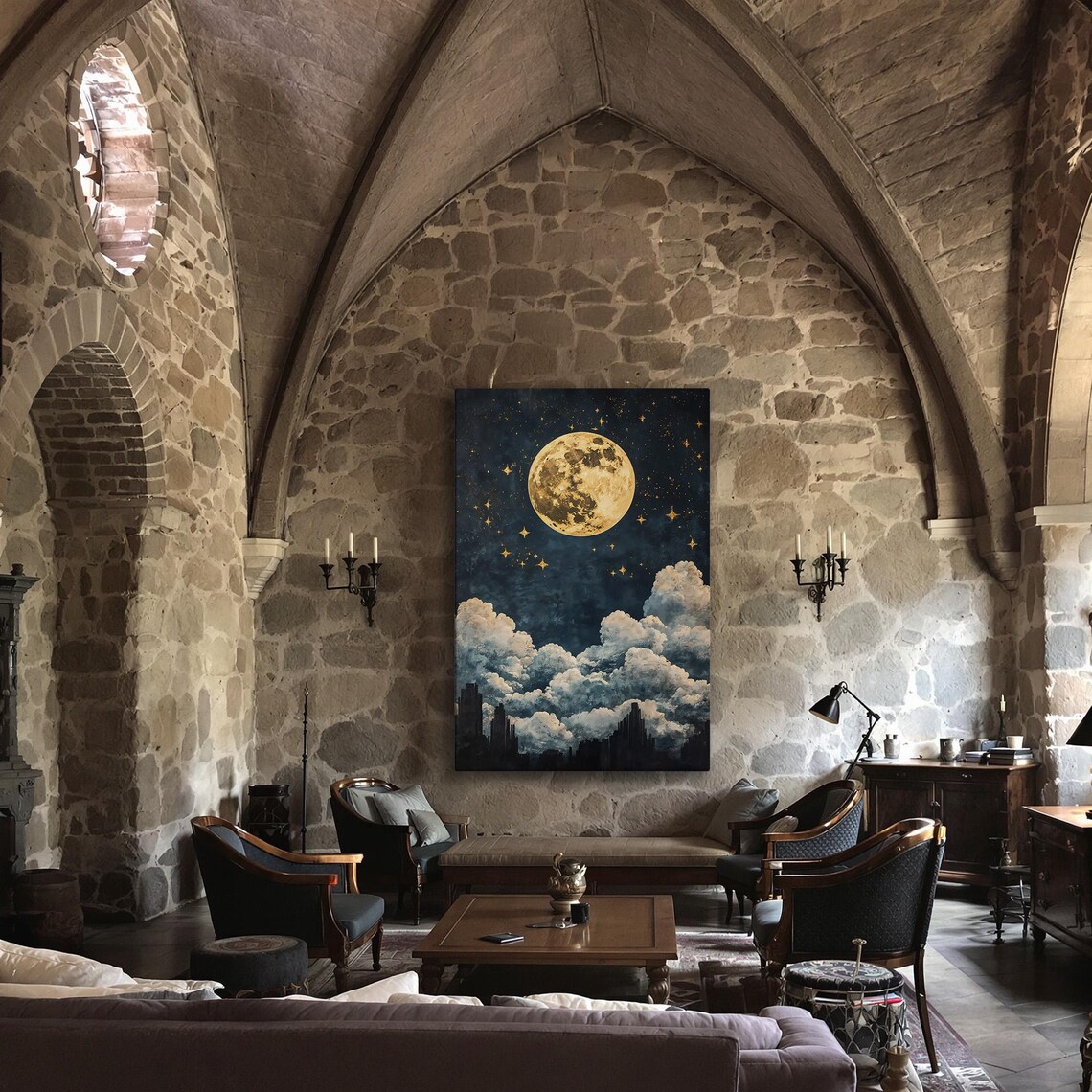 Full Golden Moon Over Clouds Dark City Silhouette Starry Night Urban Wall Poster - Image 3