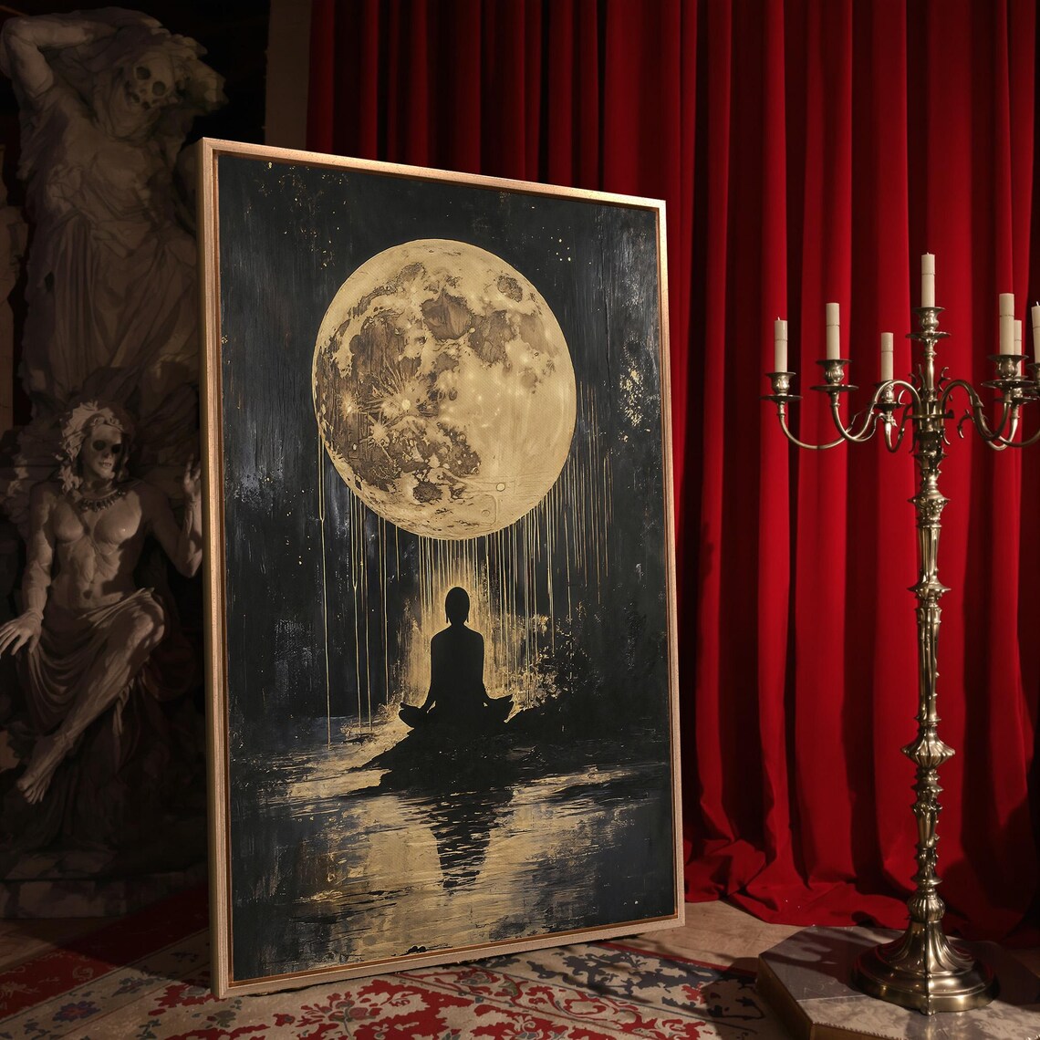 Meditating Figure Silhouette Under Golden Moon Dripping Gold Light Poster - Image 4