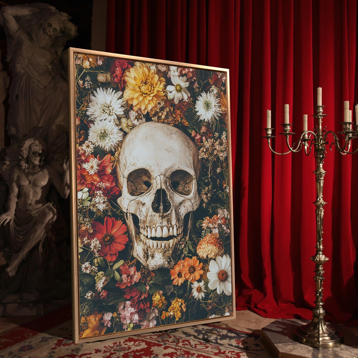 Skull Among Vibrant Wildflowers Dark Gothic Floral Still Life Wall Art - Image 4
