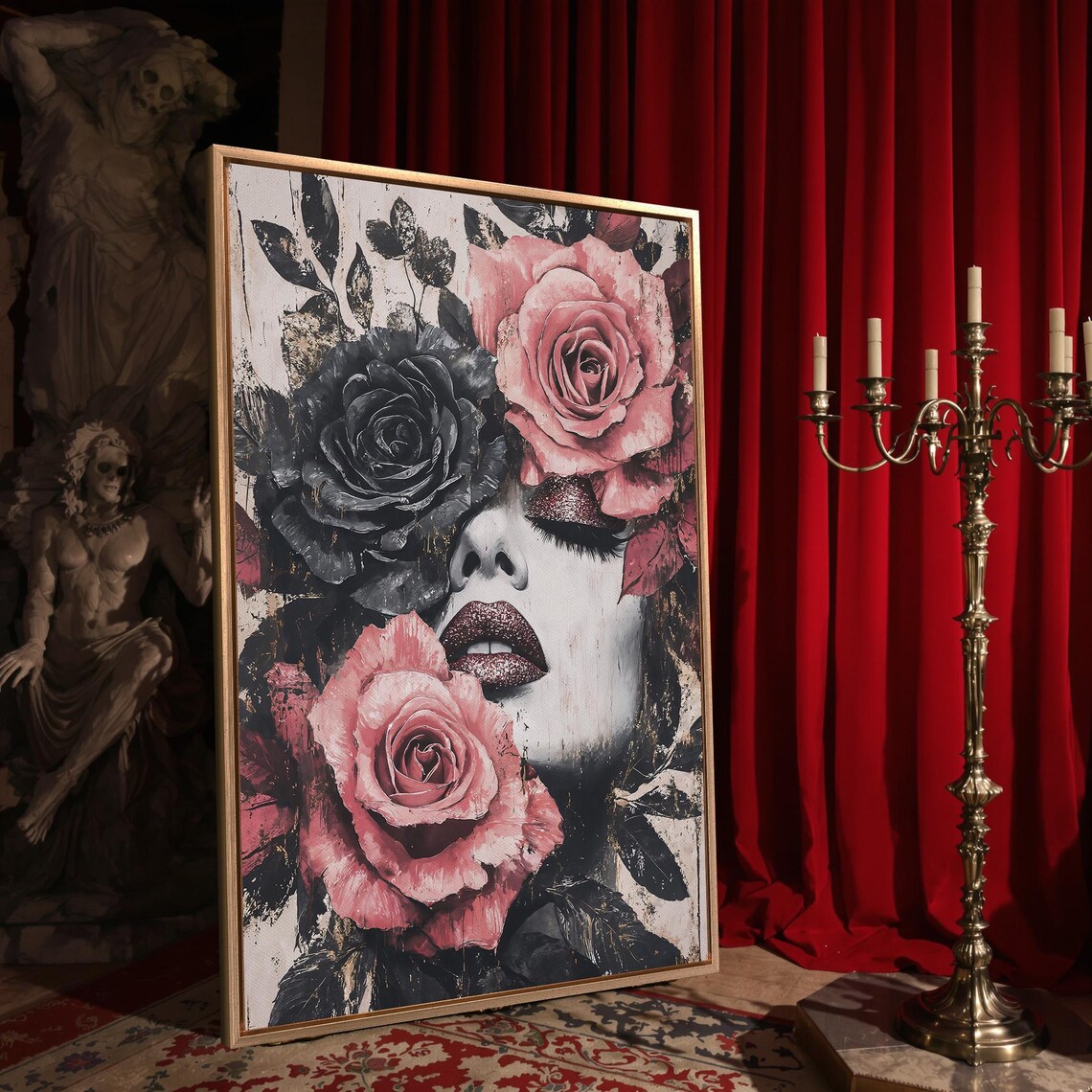Gothic Woman Face Among Pink and Black Roses Glam Art Poster - Image 4