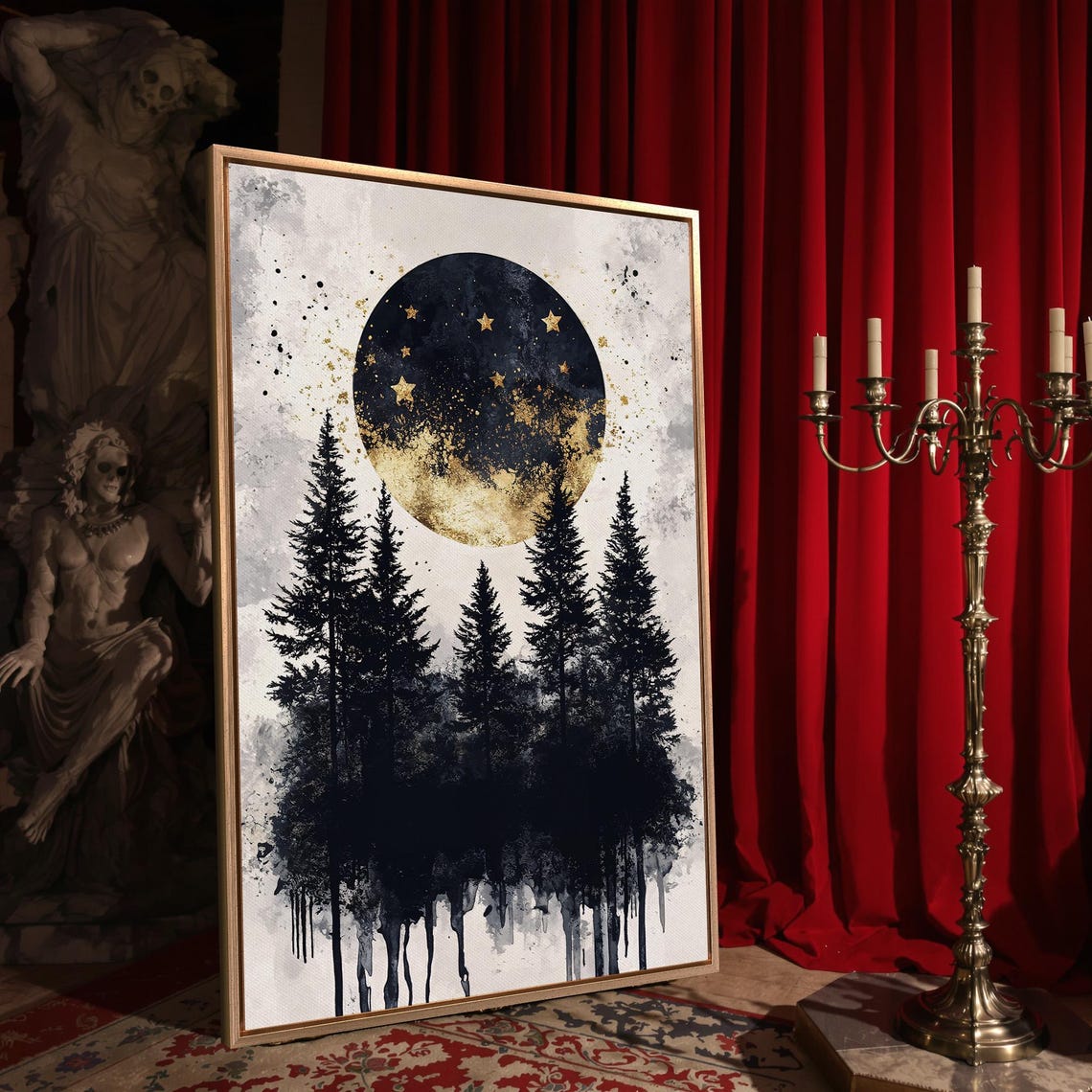 Black and Gold Moon Above Pine Trees Minimalist Wall Art Poster - Image 4