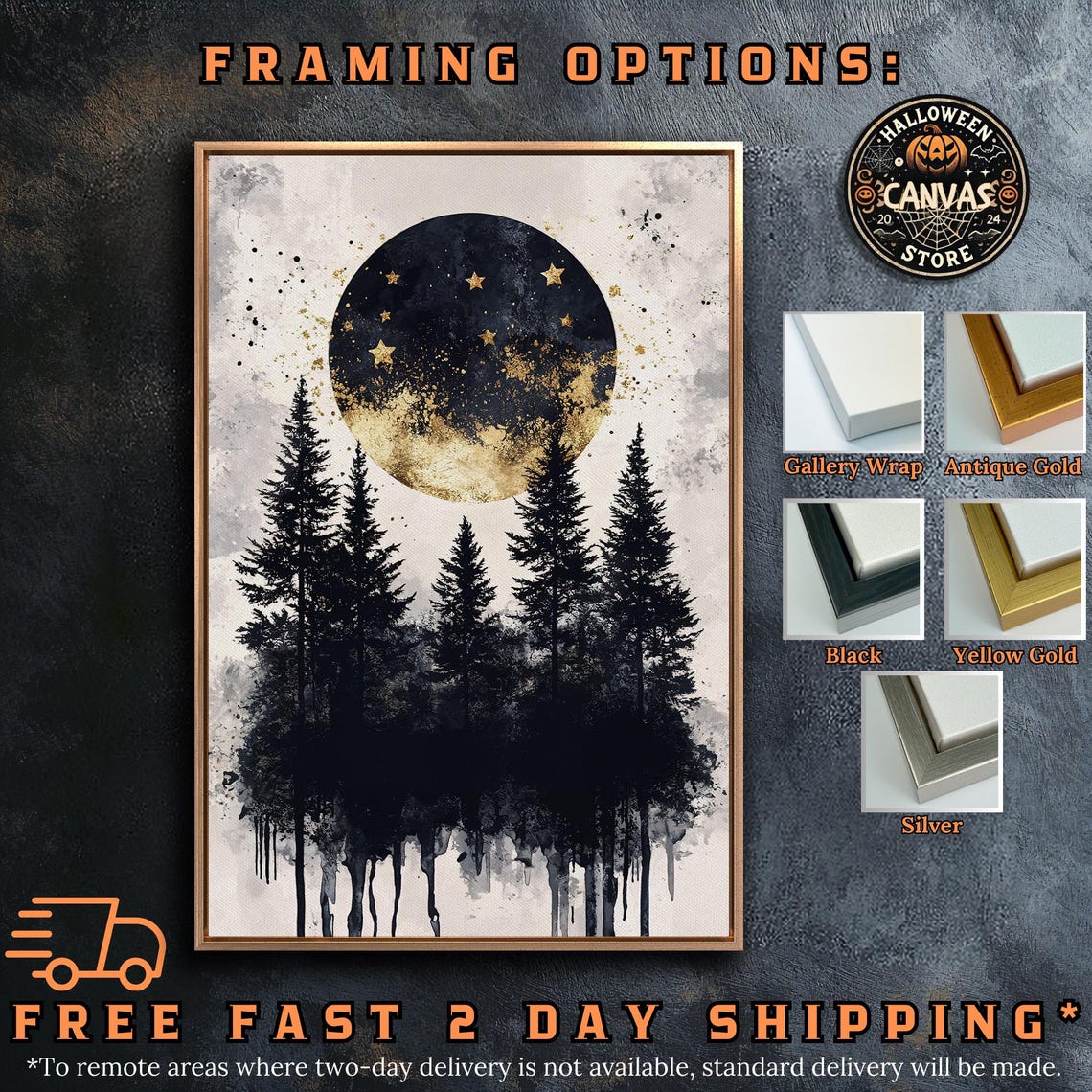 Black and Gold Moon Above Pine Trees Minimalist Wall Art Poster - Image 5